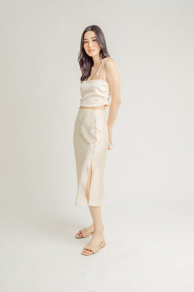 Adelaide Beige Self-Tie Spaghetti Strap Tube Crop Top