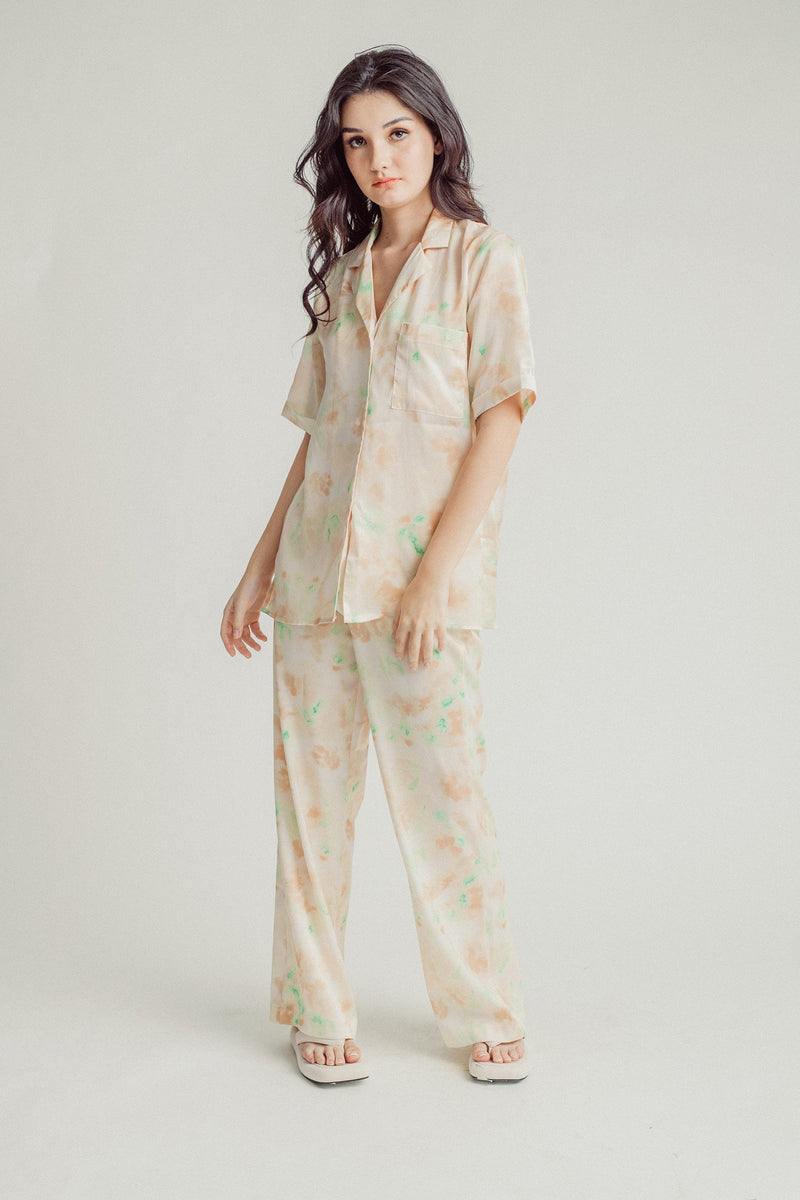 Flynn Peach with Green Pastel Print with Side Pocket Pajama Pants