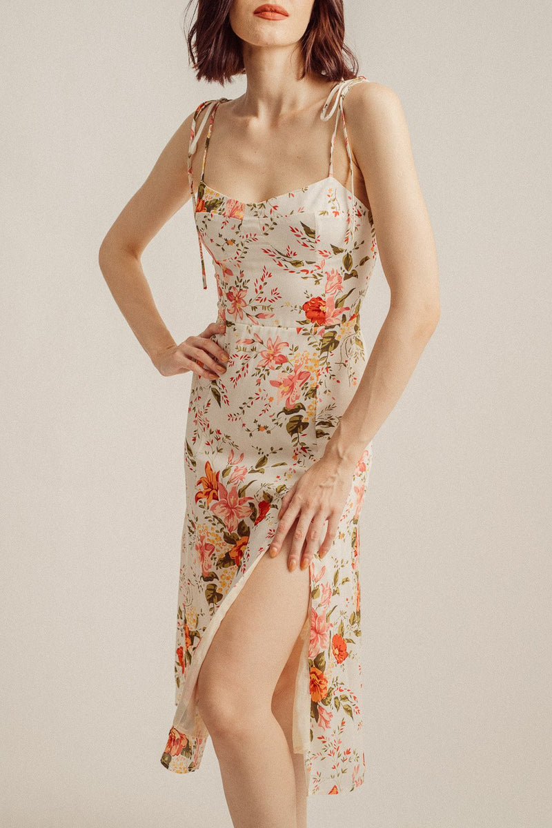 Connor Multicolor Floral All Over Print Self Tie Midi Dress with Slit