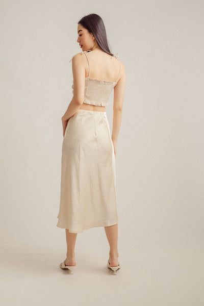 Adelaide Beige Self-Tie Spaghetti Strap Tube Crop Top