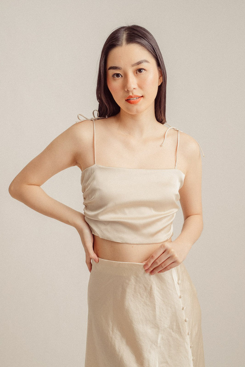 Adelaide Beige Self-Tie Spaghetti Strap Tube Crop Top