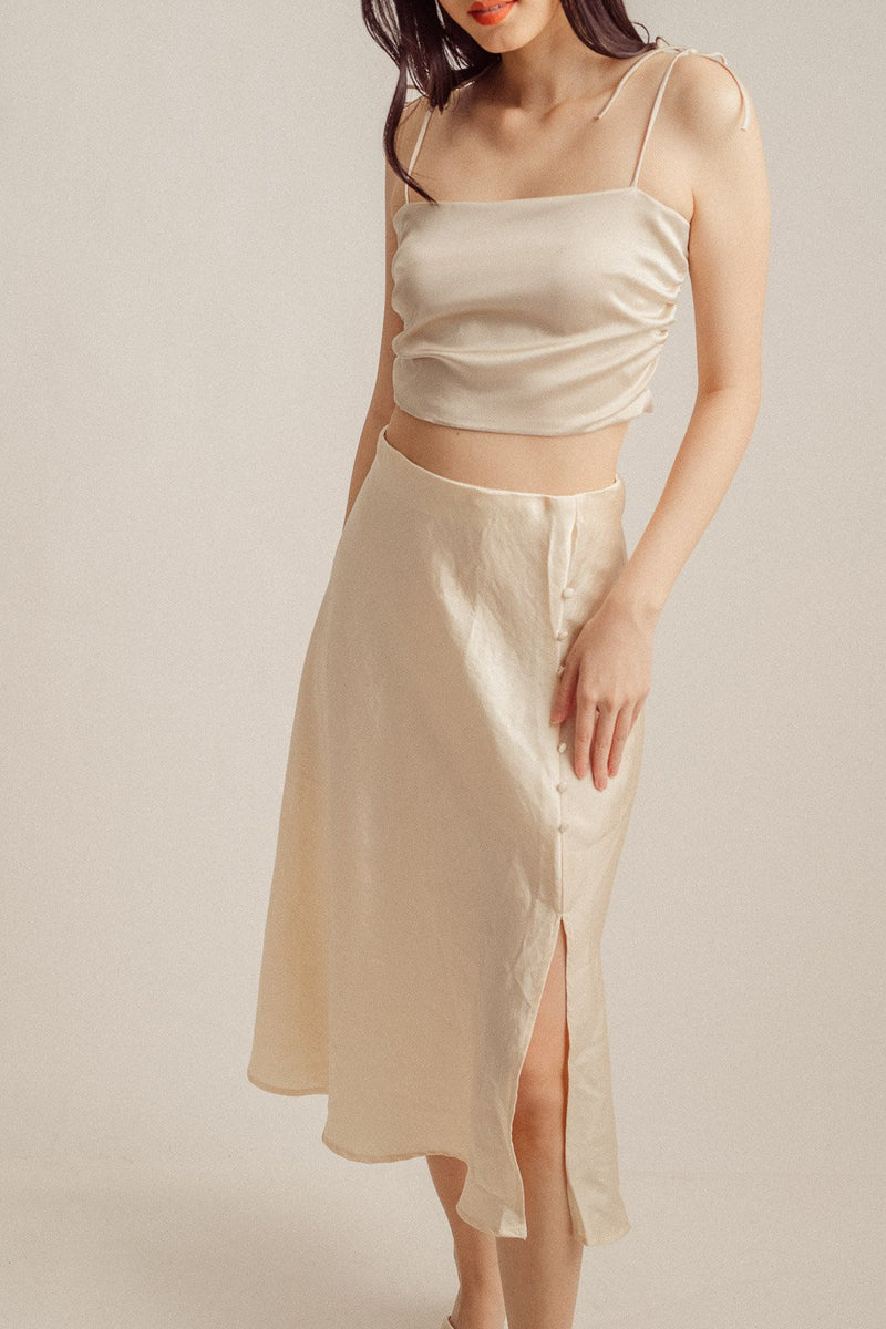 Adelaide Beige Self-Tie Spaghetti Strap Tube Crop Top