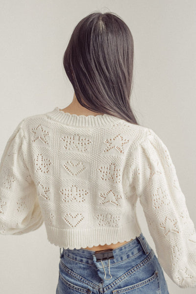 Ashley White Eyelet Knitted Round Neck Long Sleeves Buttondown Cardigan Top