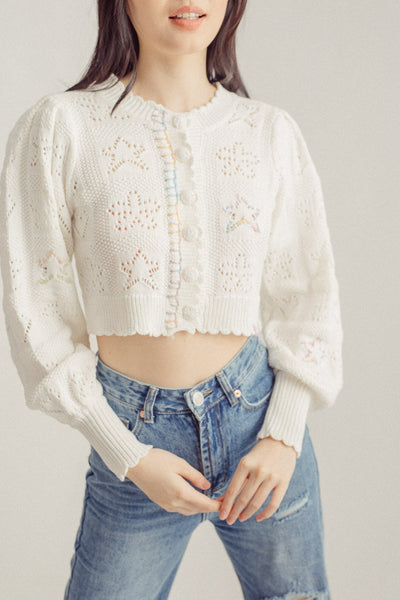 Ashley White Eyelet Knitted Round Neck Long Sleeves Buttondown Cardigan Top