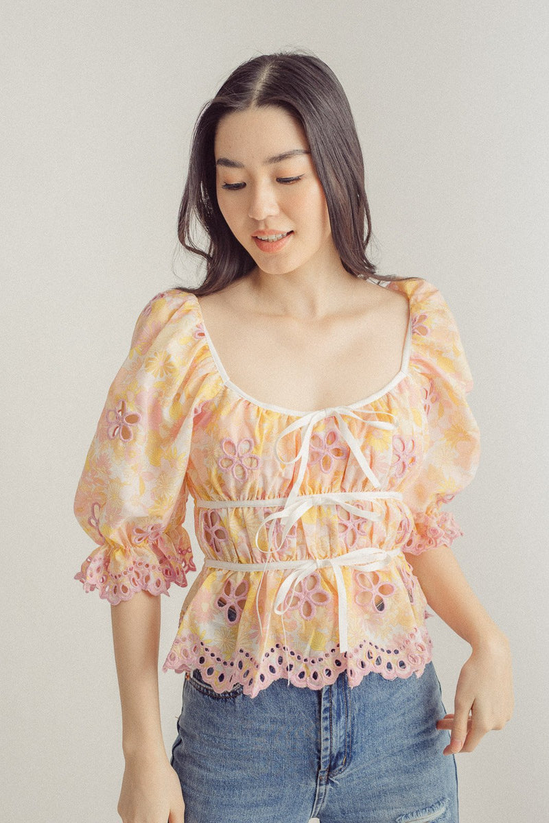 Bridget Orange Floral All Over Print Square Neck Flower Embroidery Puff Sleeves Lace Hem Top