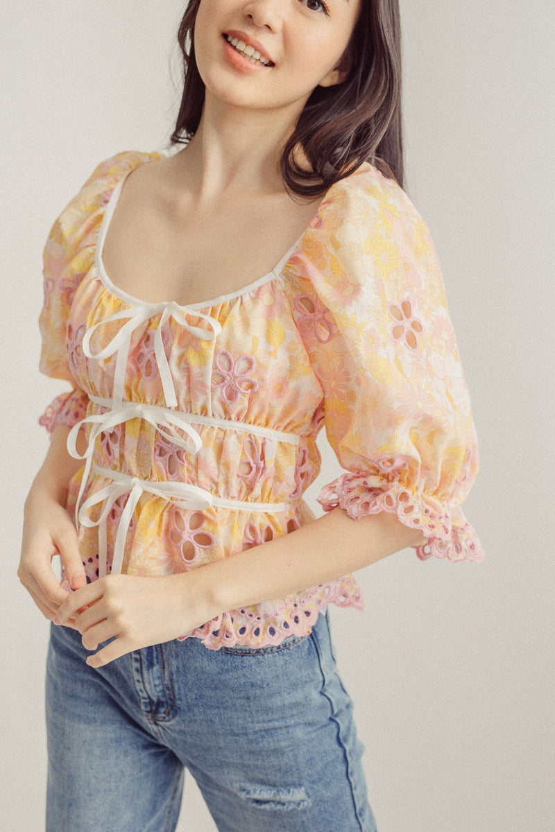 Bridget Orange Floral All Over Print Square Neck Flower Embroidery Puff Sleeves Lace Hem Top