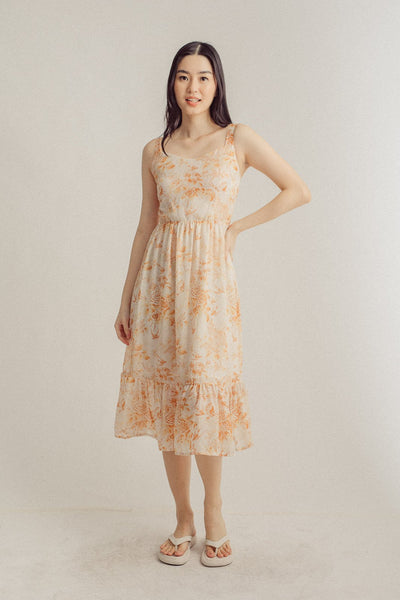 Asia Peach Floral All Over Print VNeck Sleeveless Ruffle Hem Midi Dress