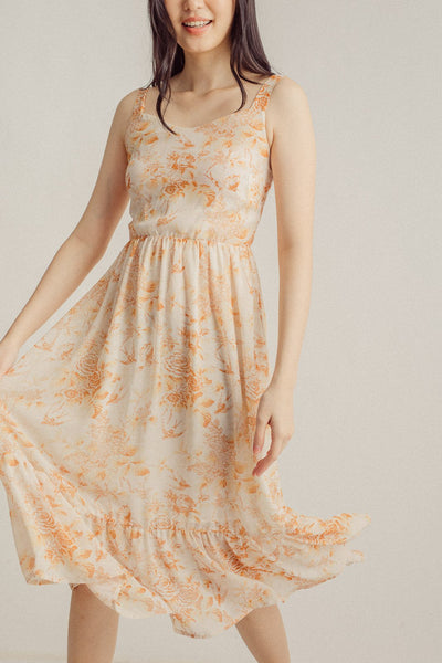 Asia Peach Floral All Over Print VNeck Sleeveless Ruffle Hem Midi Dress