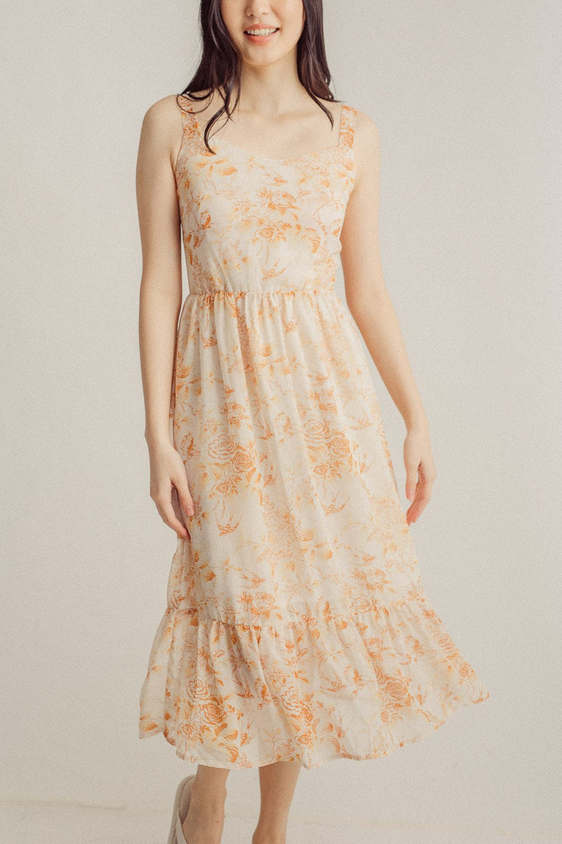 Asia Peach Floral All Over Print VNeck Sleeveless Ruffle Hem Midi Dress