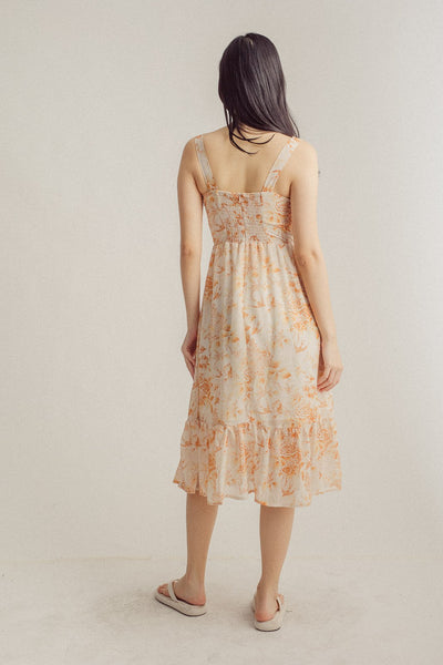 Asia Peach Floral All Over Print VNeck Sleeveless Ruffle Hem Midi Dress