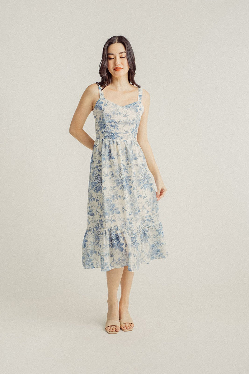 Asia Light Blue Floral All Over Print V Neckline Sleeveless Layer Midi Dress