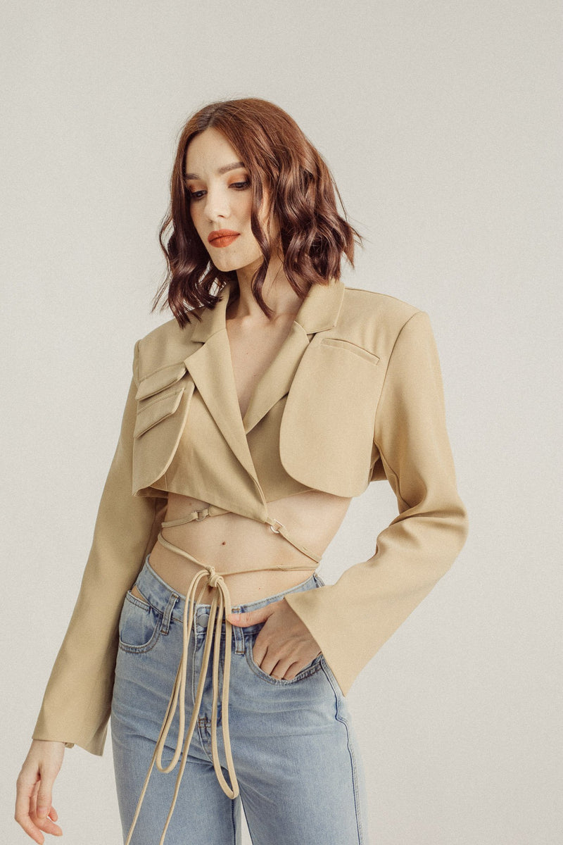 Adam Khaki Notched Collar Long Sleeves Cropped Blazer Top with Waist Tie