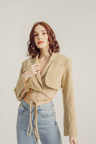 Adam Khaki Notched Collar Long Sleeves Cropped Blazer Top with Waist Tie