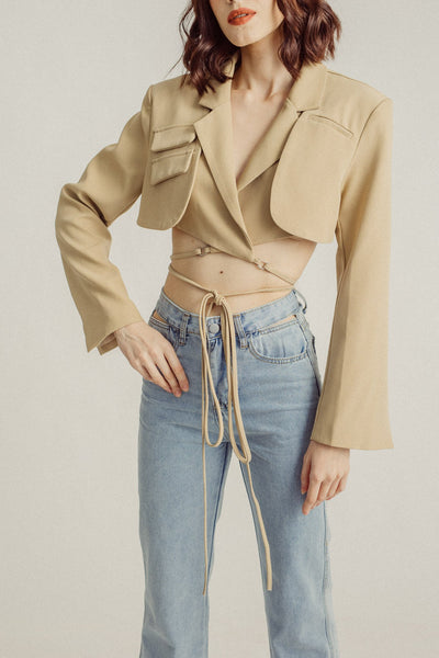 Adam Khaki Notched Collar Long Sleeves Cropped Blazer Top with Waist Tie