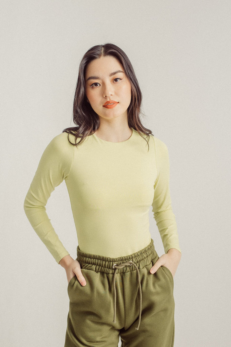 Sato Yellow Green Seamless Round Neck Long Sleeves Bodysuit