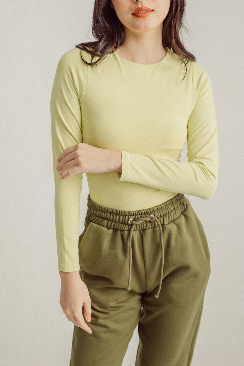 Sato Yellow Green Seamless Round Neck Long Sleeves Bodysuit