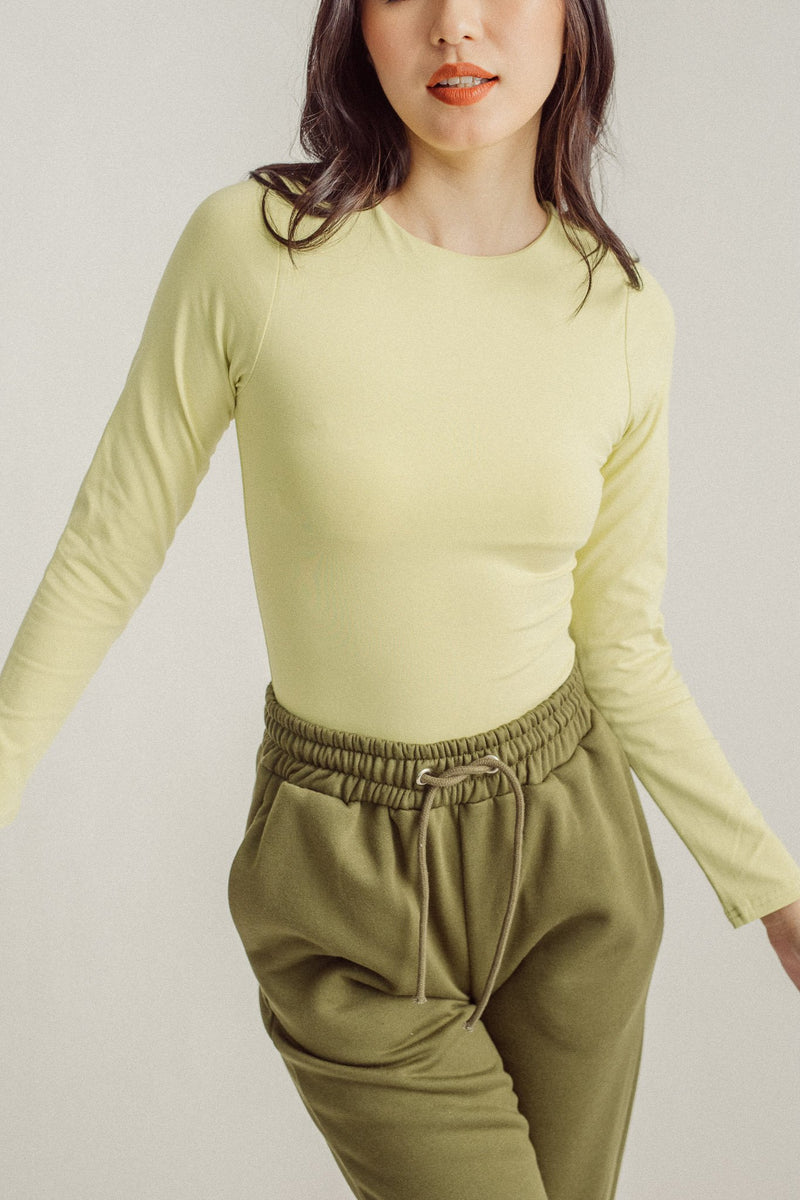 Sato Yellow Green Seamless Round Neck Long Sleeves Bodysuit