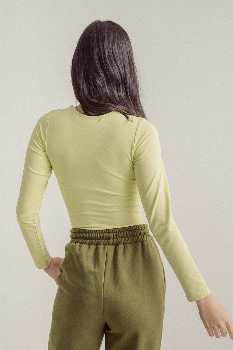 Sato Yellow Green Seamless Round Neck Long Sleeves Bodysuit