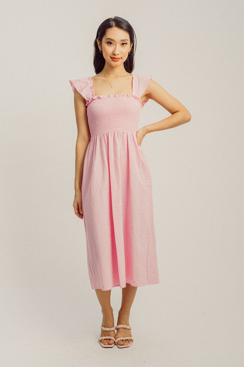 Genevieve Pink Square Neck Ruffle Sleeves Smocked Top A-Line Midi Dress