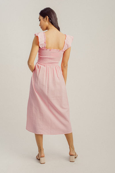 Genevieve Pink Square Neck Ruffle Sleeves Smocked Top A-Line Midi Dress