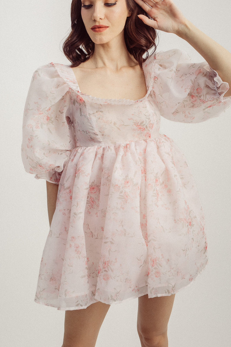 Belle Pastel Pink Floral Pleated Square Neck Mid Sleeves Babydoll Mini Dress