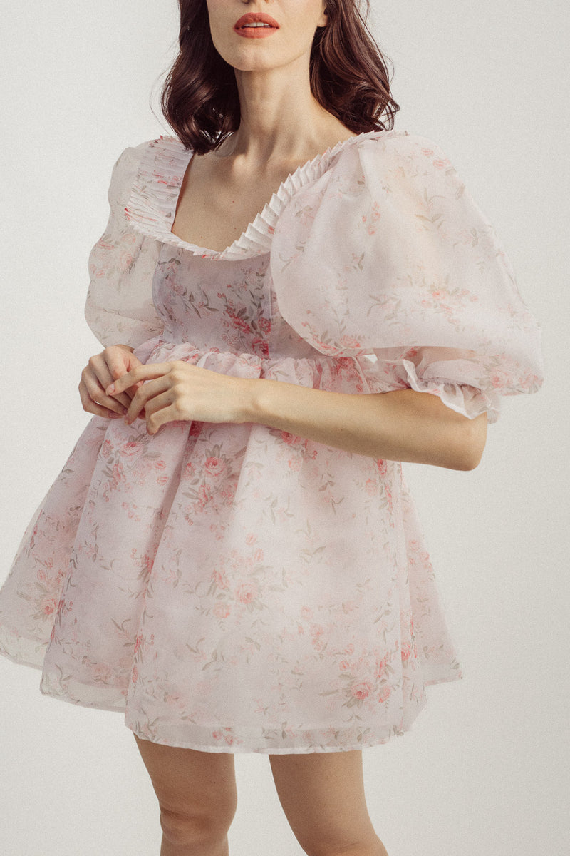 Belle Pastel Pink Floral Pleated Square Neck Mid Sleeves Babydoll Mini Dress