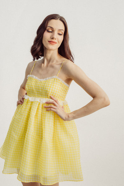 Vela Yellow Gingham Check Print Ruffle Lace V Neck Sleeveless Mini Dress