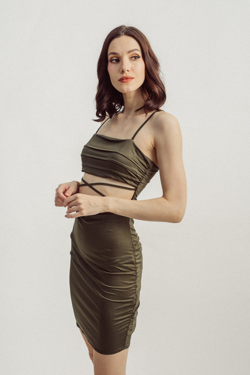 Emory Army Green Sleeveless Hollow Out Crisscross Waist Ruched Sides Mini Dress