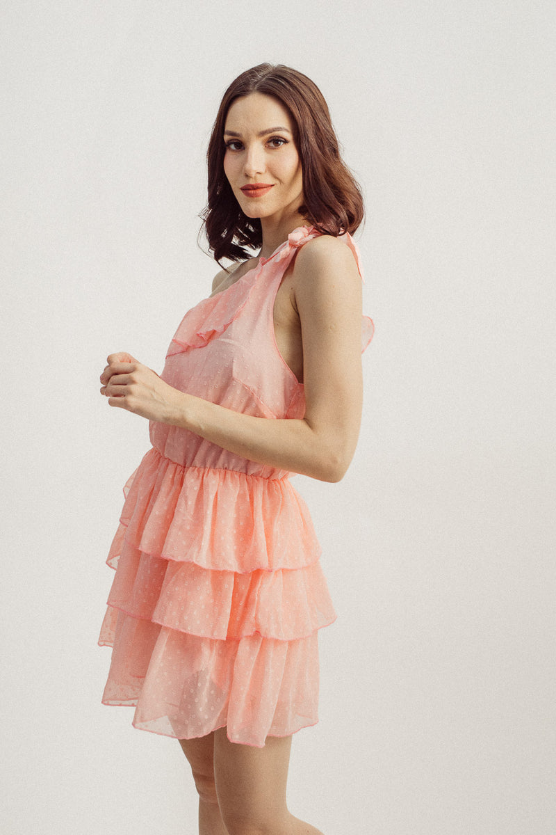 Entice Pink Asymmetrical Neckline Sleeveless One Side Self Tie Strap Layer Mini Dress
