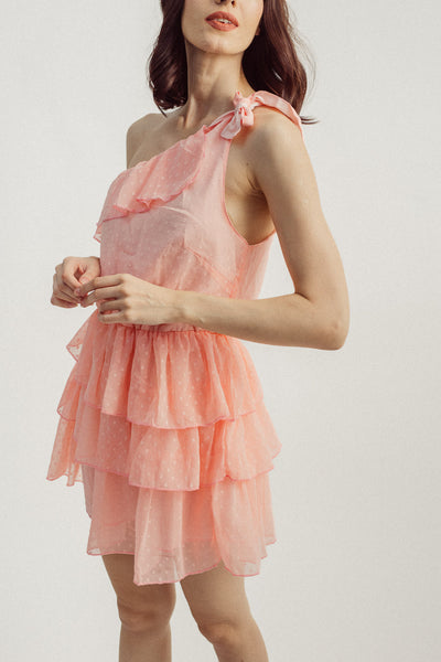 Entice Pink Asymmetrical Neckline Sleeveless One Side Self Tie Strap Layer Mini Dress