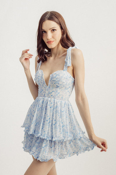 Saga Blue Floral Print Sweetheart Neckline Sleeveless Self Tie Strap Ruffle Layer Mini Dress