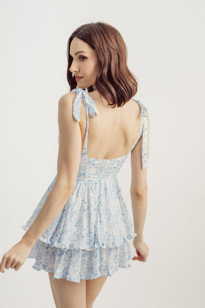 Saga Blue Floral Print Sweetheart Neckline Sleeveless Self Tie Strap Ruffle Layer Mini Dress