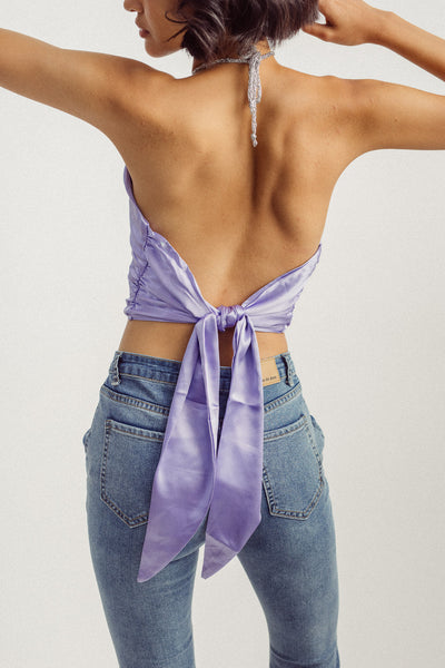 Merida Purple Silk Halter Sexy Self Tie Open Back Sleeveless Top