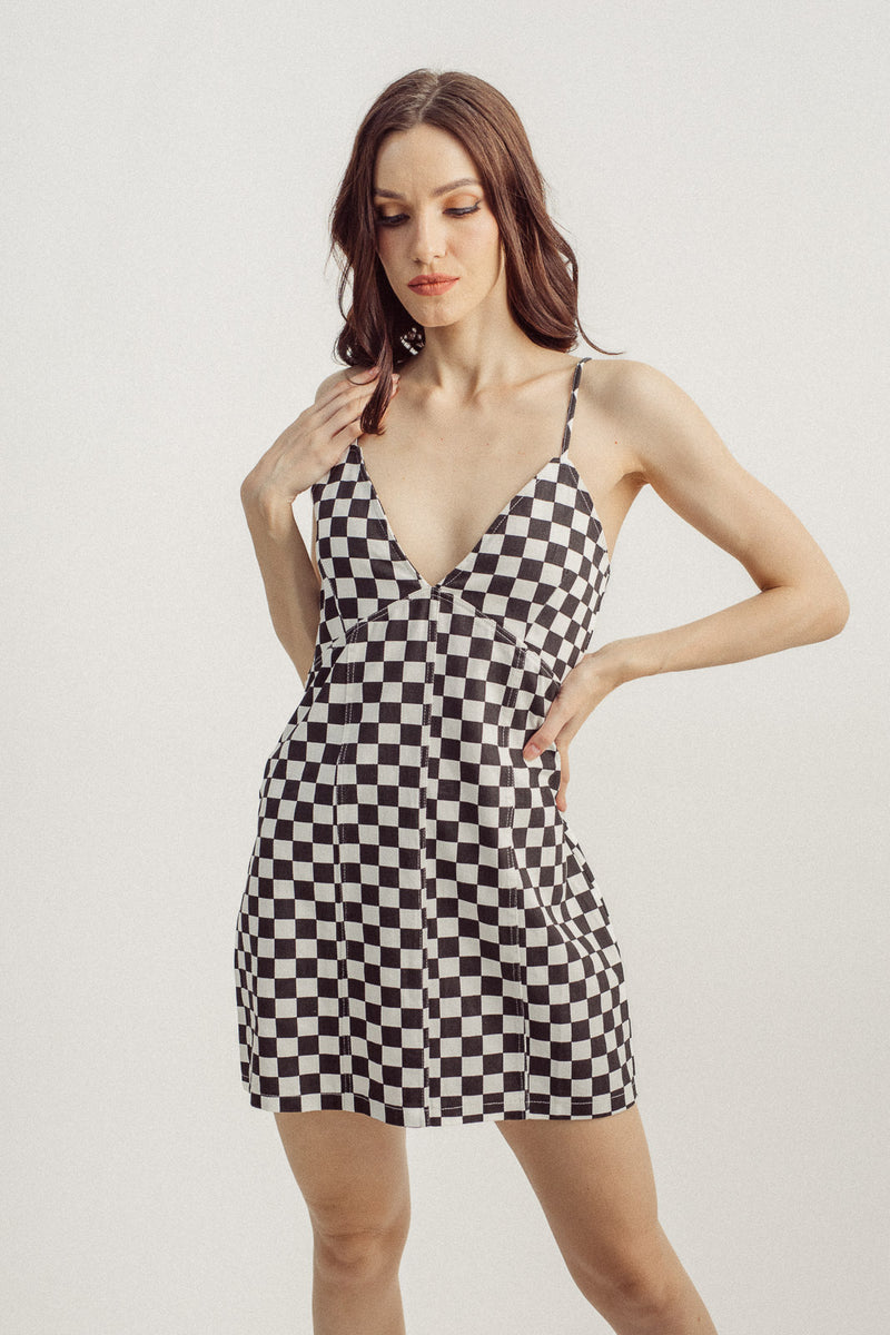 Gigi Black White Check Print V Neck Sleeveless Lined Mini Dress