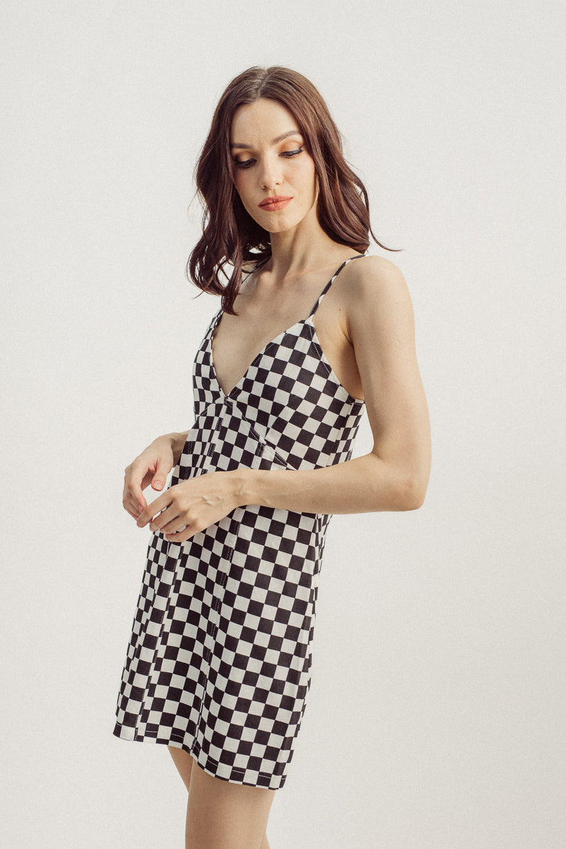 Gigi Black White Check Print V Neck Sleeveless Lined Mini Dress