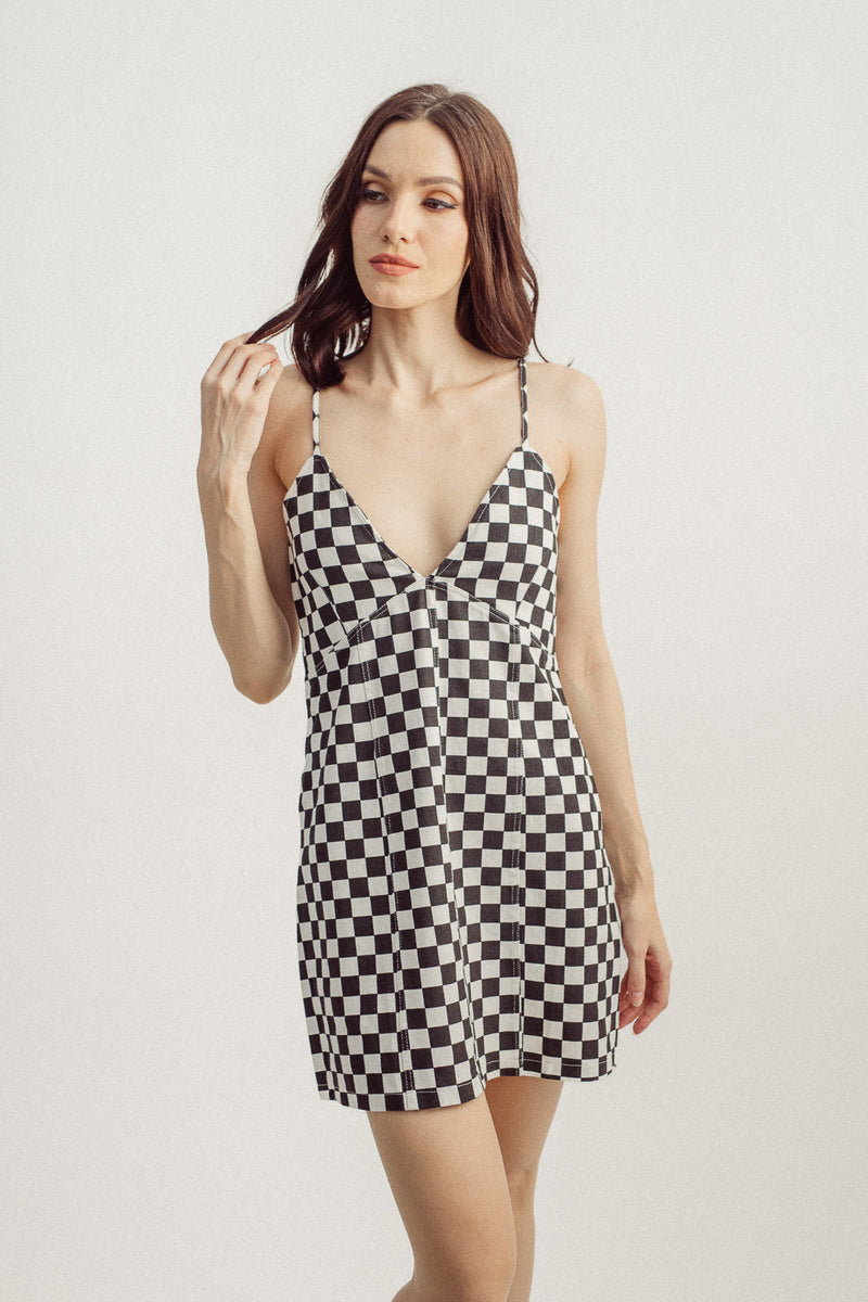 Gigi Black White Check Print V Neck Sleeveless Lined Mini Dress