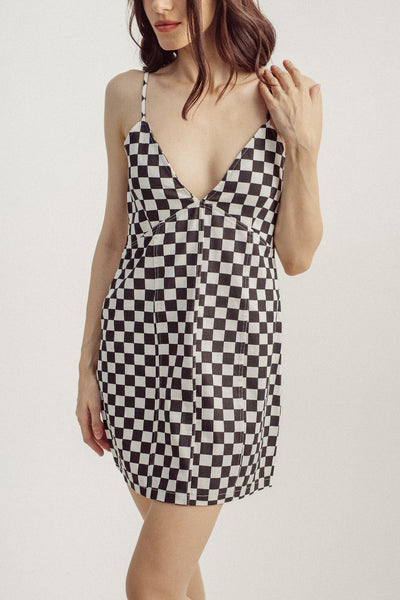 Gigi Black White Check Print V Neck Sleeveless Lined Mini Dress