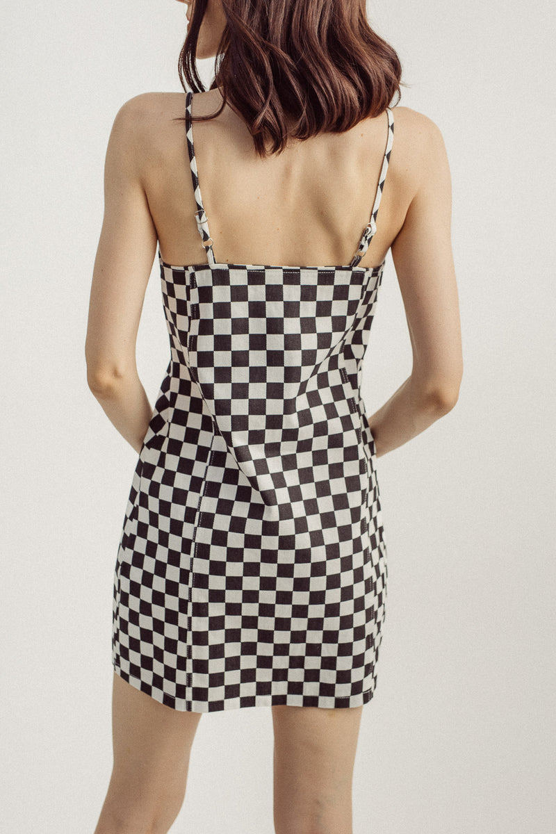 Gigi Black White Check Print V Neck Sleeveless Lined Mini Dress