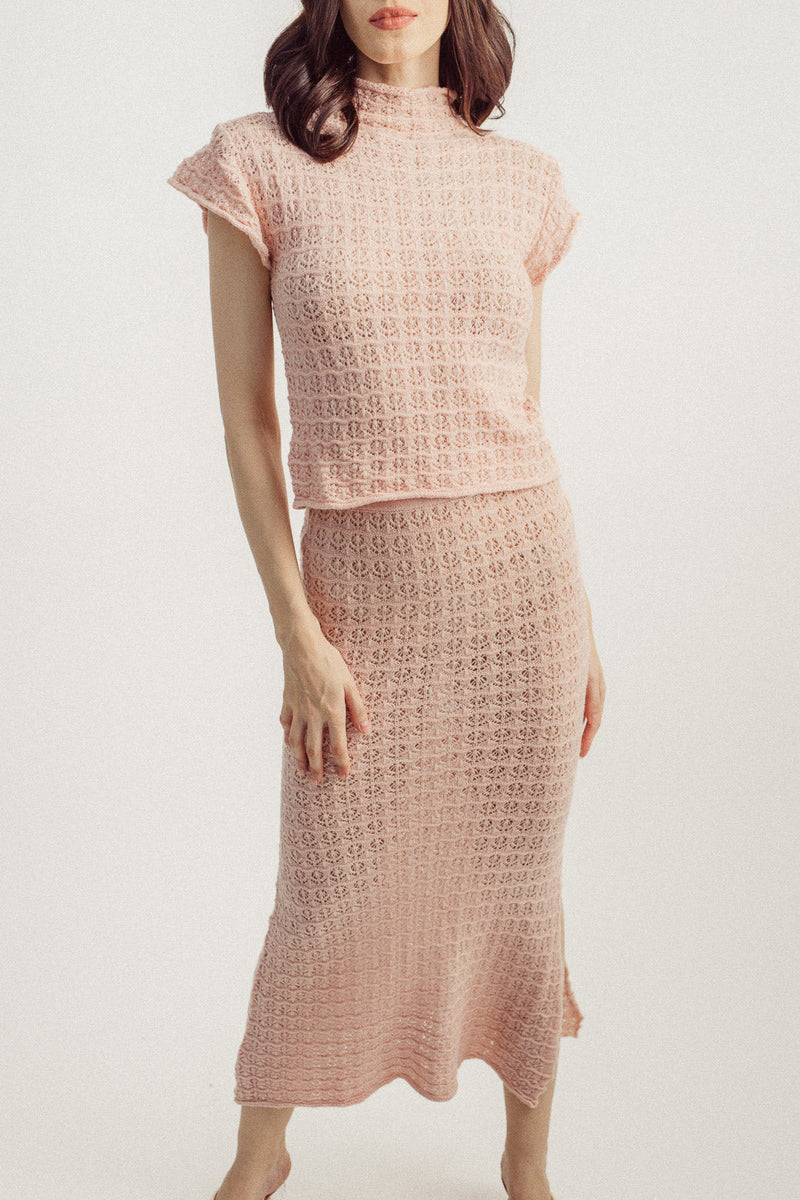 Franzen Pink Knitted Eyelet Elastic Waist Midi Skirt