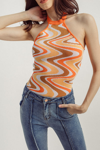 Armille Orange Knitted Wave Print Halter with Neck Strap Sleeveless Bodysuit