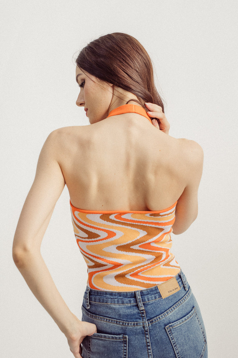 Armille Orange Knitted Wave Print Halter with Neck Strap Sleeveless Bodysuit