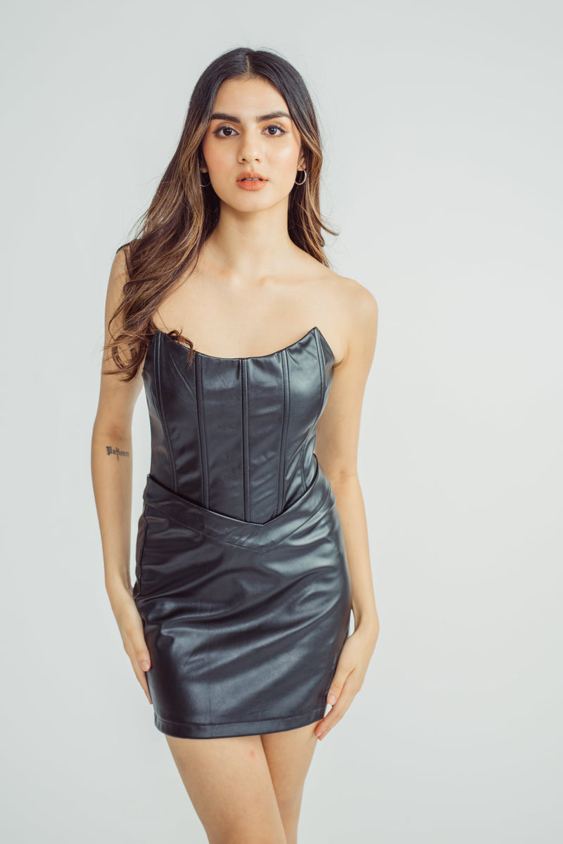 Zoya Black Leather Lined Tube Top and Mini Skirt Set