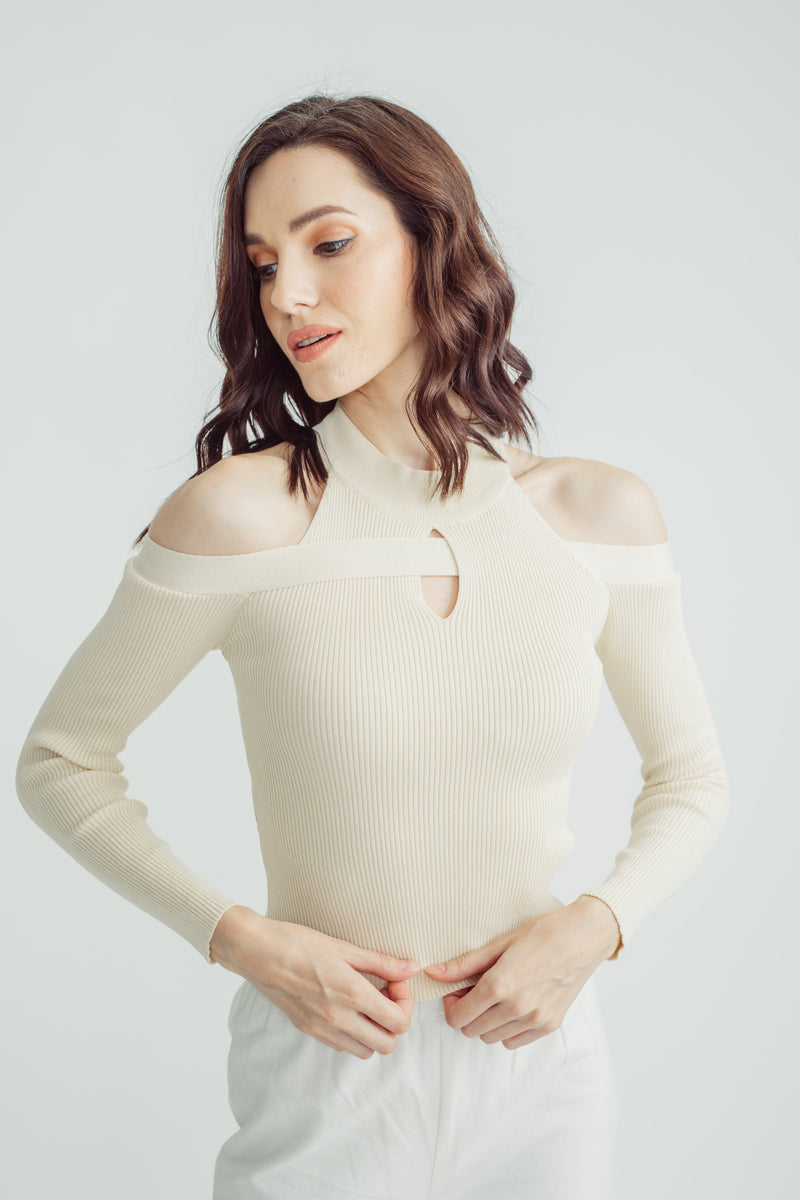 Wylee Beige Knitted Turtle Neck Off Shoulder Long Sleeves Top