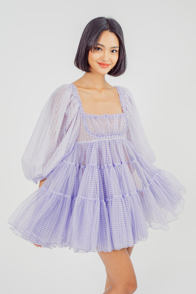 Rosie Purple Gingham Print Square Neck Mid Sleeves Tiered Babydoll Mini Dress
