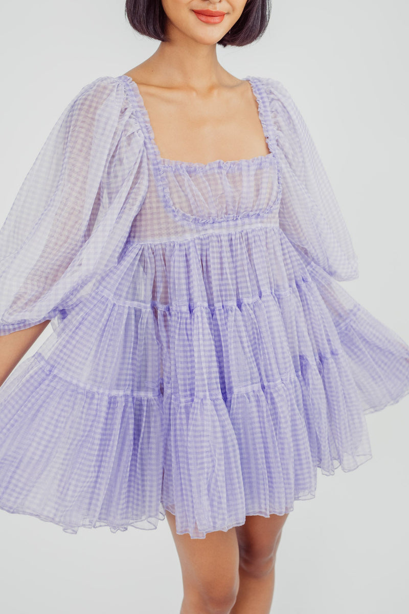 Rosie Purple Gingham Print Square Neck Mid Sleeves Tiered Babydoll Mini Dress