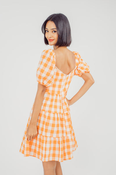 Lauv Orange GIngham Check Print Sweetheart Neckline Short Sleeves Tiered Mini Dress