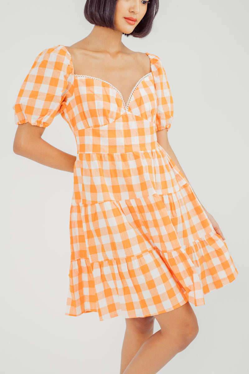 Lauv Orange GIngham Check Print Sweetheart Neckline Short Sleeves Tiered Mini Dress