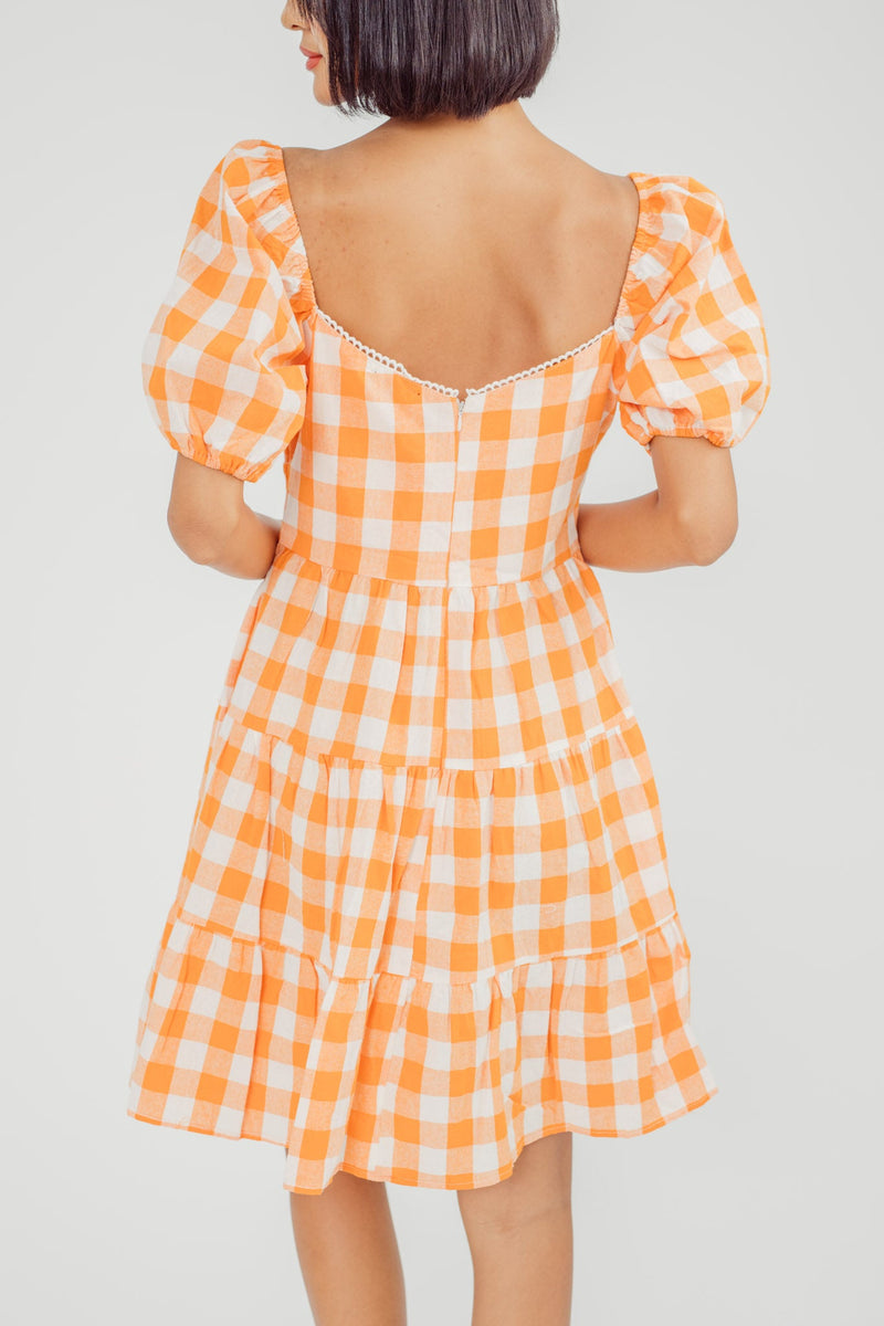 Lauv Orange GIngham Check Print Sweetheart Neckline Short Sleeves Tiered Mini Dress