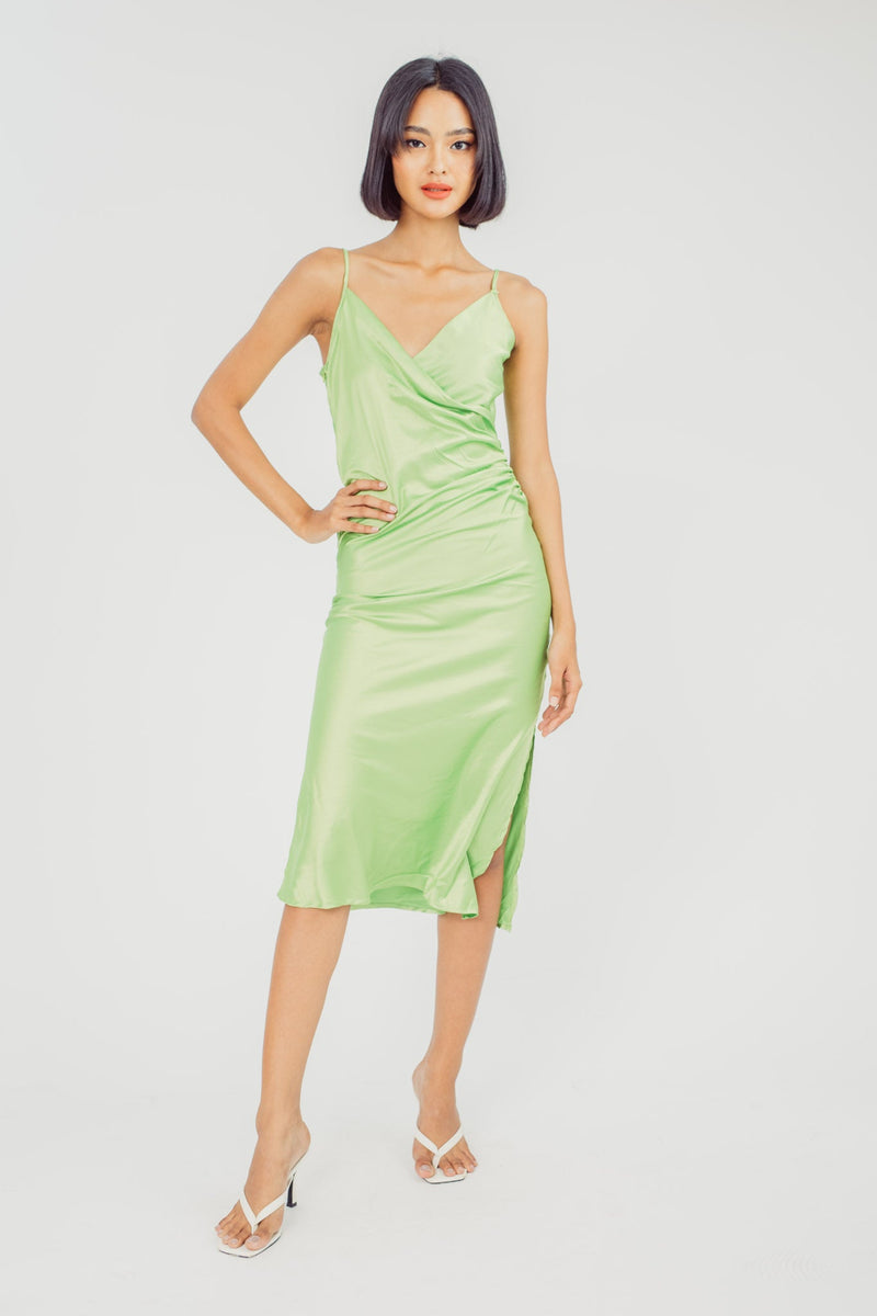 Cleo Green Silk V Neck Overlap Ruched Side Sleeveless Midi Dress