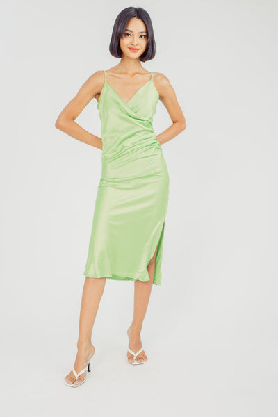 Cleo Green Silk V Neck Overlap Ruched Side Sleeveless Midi Dress